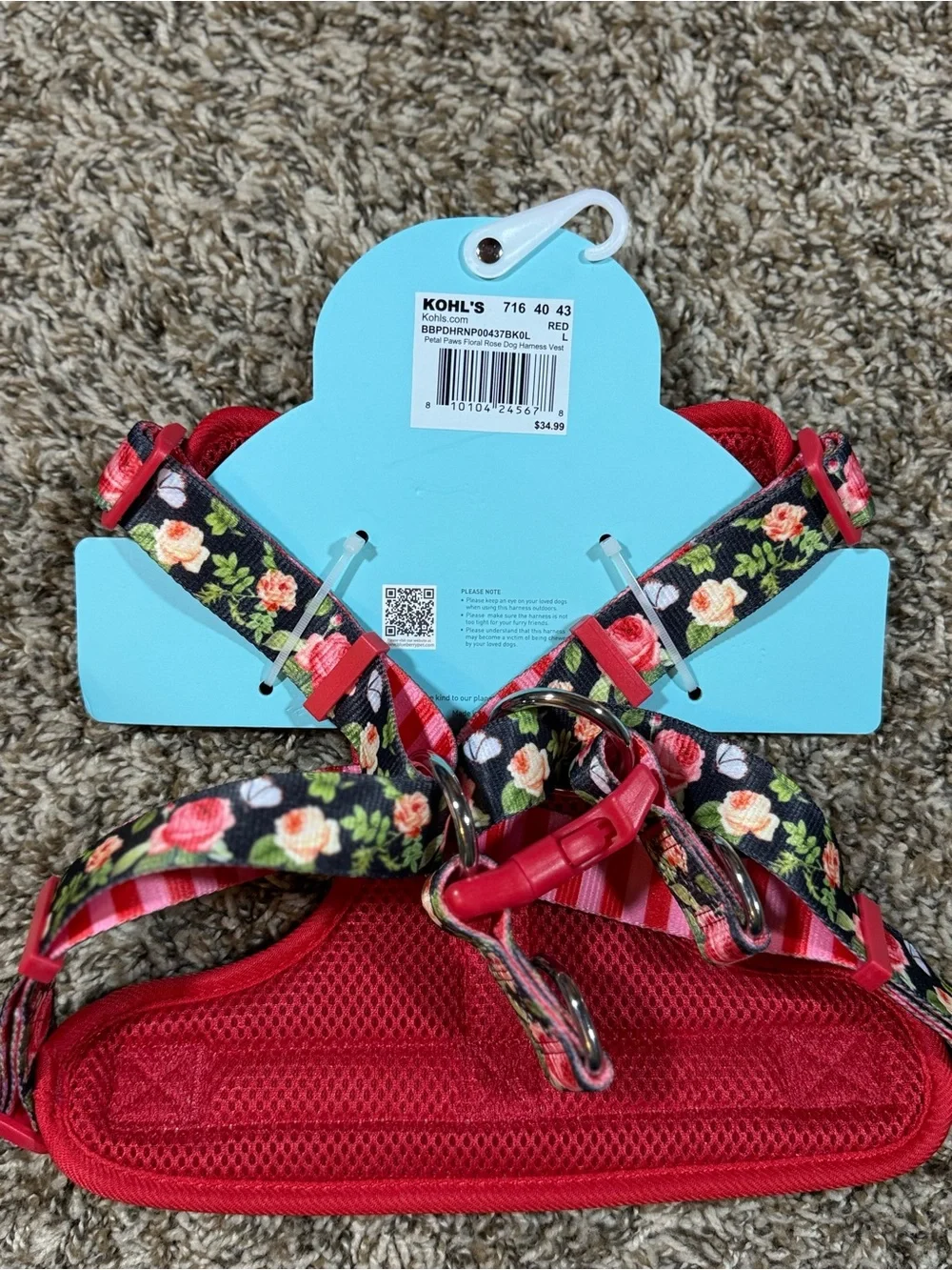 Red Floral Dog Harness - Breathable Mesh, Adjustable Fit